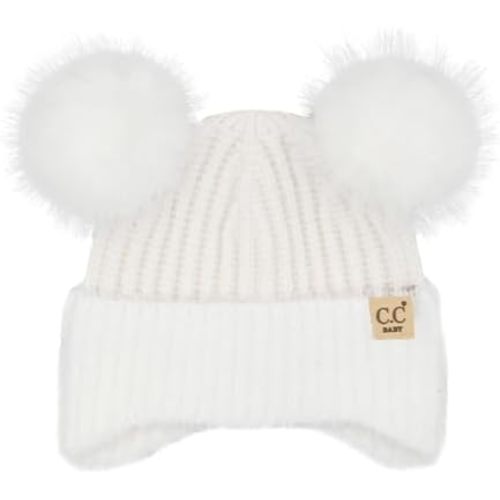 C.C Baby Double Fur Pom Pom Beanie with Ear Flap for Boys Girls - Comfortable Soft Warm Infant Toddler Baby Knit Skully Hat