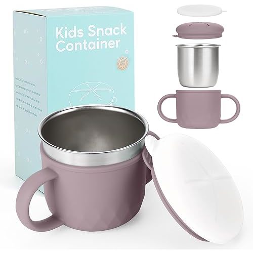 Toddler Snack Containers Stainless Steel Spill-Proof Snack Containers for Toddlers with Spill-Proof Silicone Lids and Handles 4-in-1 Baby Snack Cup is Dishwasher Safe for Easy use On The Go（Purple）
