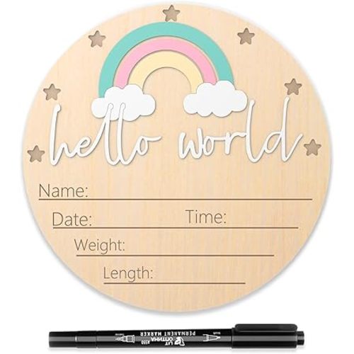 Baby Announcement Sign, 5.9 Inch Wooden Hello World Newborn Signs, Birth Announcement Sign and Pen, Rainbow Decoration Welcome Newborn Arrival to World, Hospital Nursery for baby
