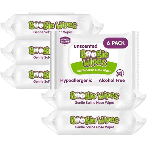 Boogie Wipes Gentle Saline Nose Wipes - 180 Count | Unscented, Hypoallergenic & Alcohol-Free - Made with Natural Saline, Aloe, Chamomile & Vitamin E - Diaper Bag Essential