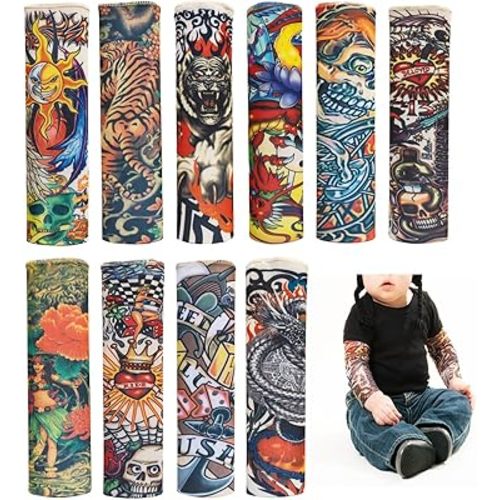 Kids Temporary Tattoo Sleeves, 10pcs Fake Slip on Arm Sunscreen Sleeves, UV Sun Protection