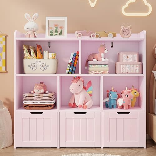 Gizoon Toy Storage Cabinet and Kids Bookcase with 3 Movable Drawers and 6 Open Shelves Featuring Fall Prevention Barrier for Playroom Nursery Kids Room Organization, Pink