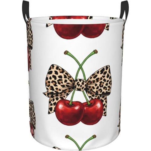 Large Laundry Hamper - Cherry Leopard Print Bow Round Collapsible 62L Storage Bin for Kids Toys, Clothes, Waterproof Tall Baby Nursery Basket for Bedroom, Bathroom Dorm Decor, Gift Baskets