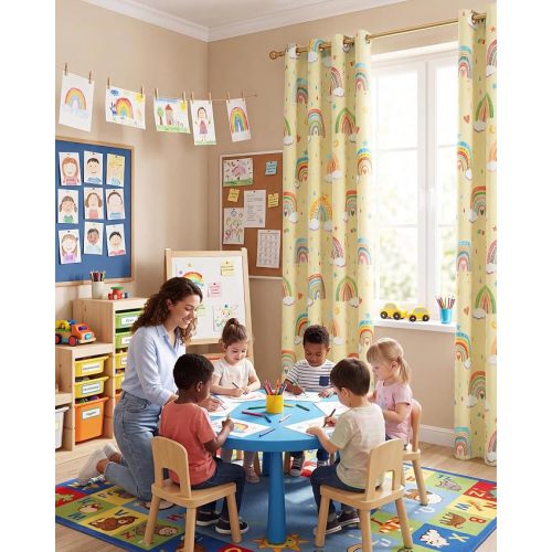 NICETOWN 100% Blackout Rainbow Yellow Cartoon Curtains, 2 Panels, 52" x 84"