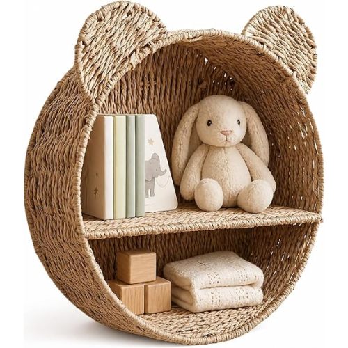 Woven Wall Basket Shelf Bear Nursery Decor — Boho Handwoven Hanging Wall Decor for Kids Room, Paper Rope Stuffed Animal Organizer, Baby Nursery Floating Shelf