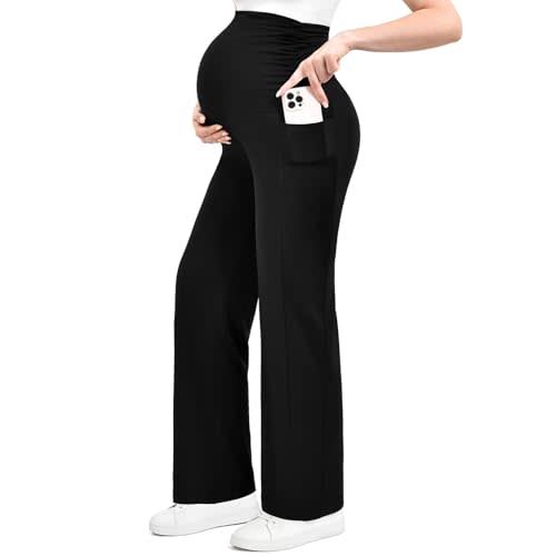 Ipletix Maternity Work Wide Leg Lounge Pants | Two Side Pockets, Over The Belly Soft Stretchy Dress Yoga Casual Pregnancy Wear