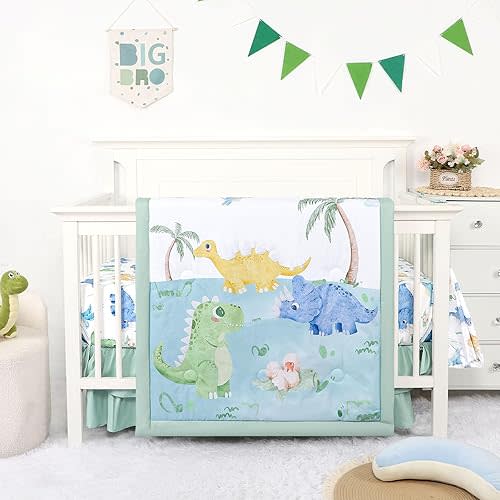 TANOFAR 4-Piece Crib Bedding Set for Baby Boys, Blue Dinosaur Nursery Bedding Set Includes Comforter, Fitted Crib Sheet, Crib Skirt, and Diaper Stacker, Dinosaur