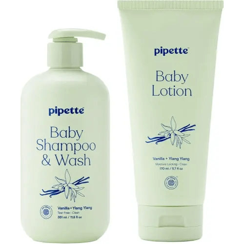 Pipette Vanilla + Ylang Ylang Wash and Lotion Duo, Pack of 2, Clean, Includes Baby Body Wash and Lotion for Newborns and Kids, Tear-Free Bath Time, Baby Bath and Newborn Essentials, Non-toxic