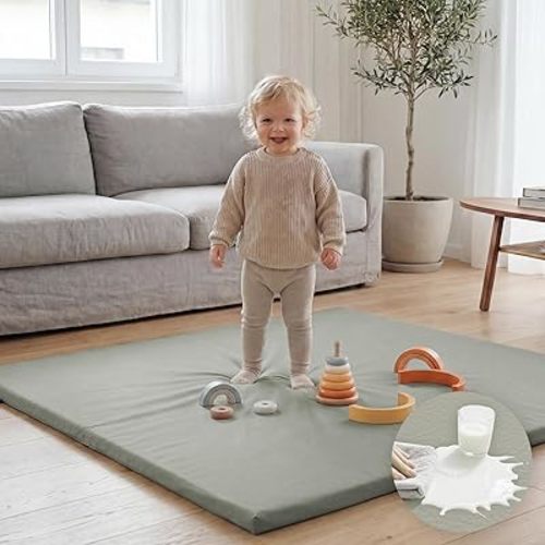 Baby Play Mat 50x50 Inches,1.3" Thick Padded Waterproof Floor Cushion & Playpen Mat with Vegan Leather,Non-Slip & Non-Toxic Nursery Rug for Infants, Toddlers & Kids(Grey)
