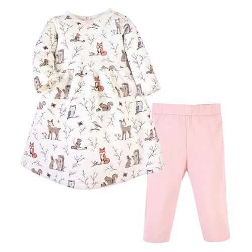 Hudson Baby Infant and Toddler Girl Quilted Cotton Long-Sleeve Dress and Leggings 2pc Set, Enchanted Forest