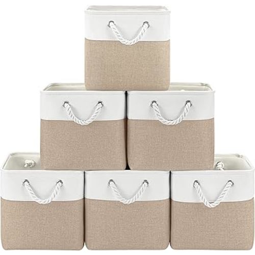 11x11 Cube Storage Bins, 6 Pack Foldable Fabric Organizer Bins with Rope Handles, Storage Cubes for Organizing Bedroom, Living Room, Clothes and Toys, Shelves and Closet (White & Khaki)