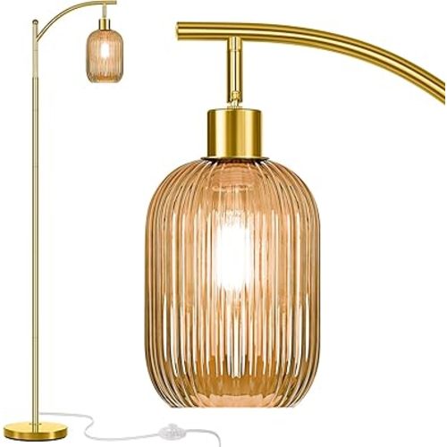 Glass Floor Lamp for Living Room, Modern Gold Standing Lamp with Ribbed Glass Lampshade Pedal Switch, 67” Tall Lamp for Bedroom Study Room
