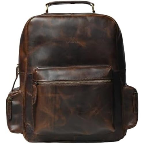 Leather Rucksack Laptop Backpack – Brown, Handmade Full Grain Cowhide, 12x5x14 Inch, 15L Vintage Bag with 4 Pockets, Brass Buckles, Cotton Poly Drill Lining, Wax Thread