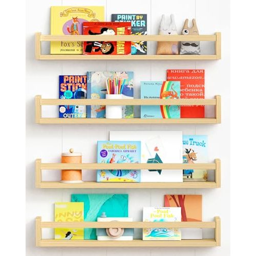 Forbena Natural Wood Nursery Bookshelves for Wall, 24 Inches Long Floating Book Shelves, Wall Mounted Bookcase for Baby Teen Girl Boy Kids Room Bedroom, Playroom Organizer, Bathroom Decor (4-Pack)