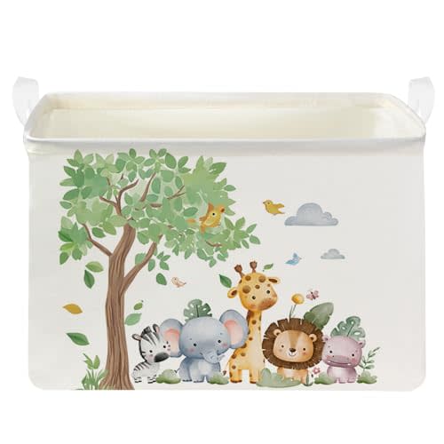 FXOCSHE Rectangular Storage Basket,Watercolor Pine Tree Animal Deer Owl Woodland Basket,Waterproof foldable storage bin for kids,Toy Organizer,Room decor(Tree Animal)