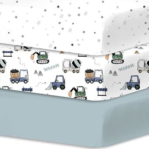 Little Grape Land Crib Sheets Fitted for Baby Boys Girls,3 Pack Set for Standard Crib Mattress and Toddler Bed Mattress,52"x28"Soft Breathable Microfiber Crib Mattress Cover with Cute Patterns(Truck)