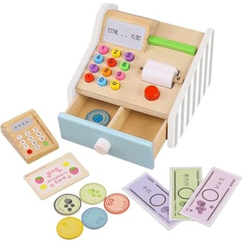 Kisangel 1Set Cash Register Educational Table Play for Boys and Wooden Design with Realistic
