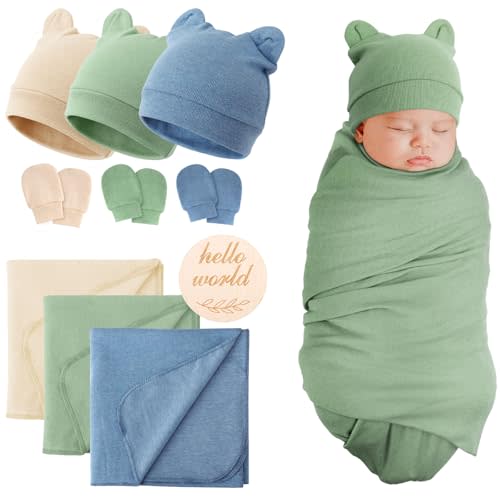BQUBO 3 Sets Cotton Baby Swaddle Blankets Swaddling Wrap with Hats Mittens Newborn Soft Silky Nursery Receiving Blanket Cute Bear Ears Hat Elastic Gloves Set for Unisex Baby 0-3 Months