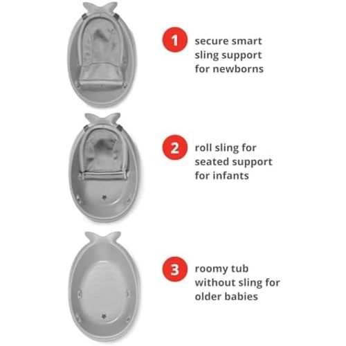 Skip Hop Moby Smart Sling 3-Stage Baby Bath Tub, Grey - Adjustable Infant to Toddler Bath Seat - Newborn Bath Support - Comfortable Baby Bathtub with Drain Plug and Hook