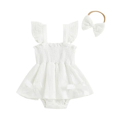Thorn Tree Baby Girl Summer Clothes Newborn Outfit Ruffle Romper Infant Baby Dress Bow Headband Solid Cute Outfits Girls