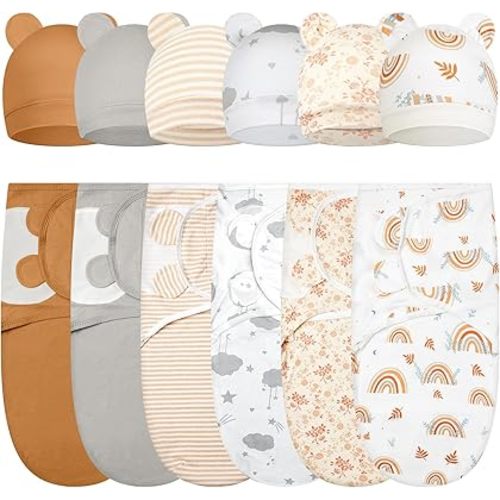 Ramede 6 Pack Swaddle Blanket with Hats for Baby Girl Boy 100% Cotton Swaddles 0-3 Months, Adjustable Breathable Skin Friendly Receiving Blanket Wrap, Essential for Newborns