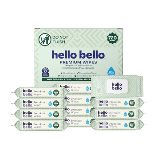 Hello Bello Premium Wipes, Designed for Sensitive Skin with Chamomile & Aloe Extracts, Simply Sage (12 Resealable Packets = 720 Total Wipes)