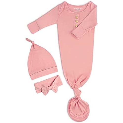 Newborn Baby Knotted Gown, Super Soft Silky Infant Sleeper, Baby Girl Sleep Gown with Mittens, Bow, and Hat Set