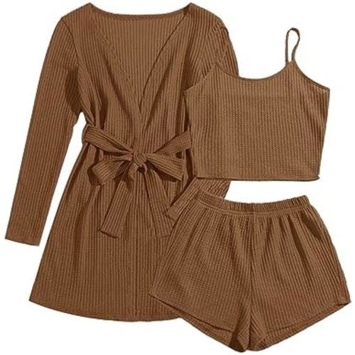 Ekouaer Womens 3 Piece Waffle Knit Lounge Set Soft Pajama Sets Tank Top and Shorts Cardigan with Pockets S-XXL