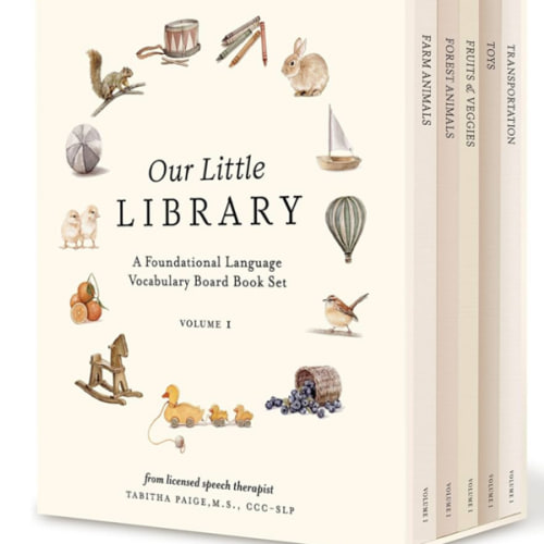 Our Little Library: A Foundational Language Vocabulary Board Book Set for Babies, Including Farm & Forest Animals, Fruits & Veggies, Toys & More (Tabitha Paige Children's Book Series)
