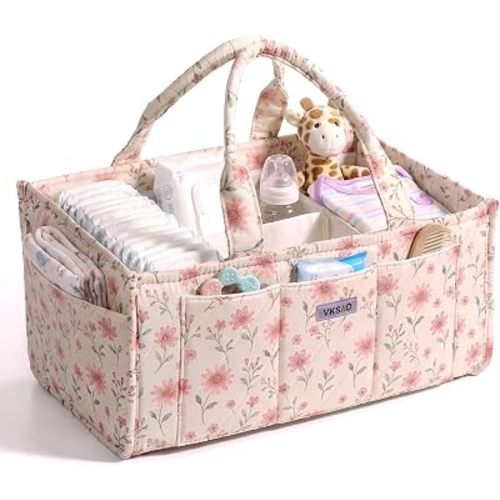 Baby Diaper Caddy Organizer, Large Portable Nursery Storage Basket with Removable Dividers, Diaper Bag Baby Gift Basket for Newborn, Changing Table, Car, Home, Pink Floral
