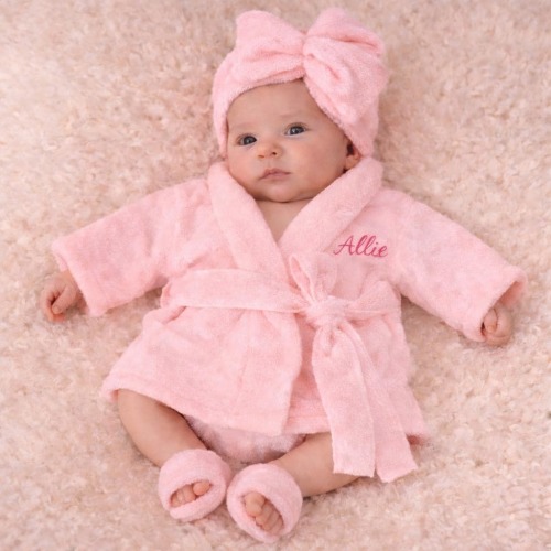 Personalized Infant Robe Set, Embroidered Baby Bathrobe, Slippers & Headwrap