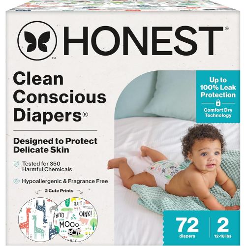 The Honest Company Clean Conscious Diapers for Delicate Skin | Up to 100% Leakproof | Hypoallergenic, Fragrance Free | Gender Neutral | Club Box, Size 2 (12-18 lbs), 72 Count (Prints May Vary)