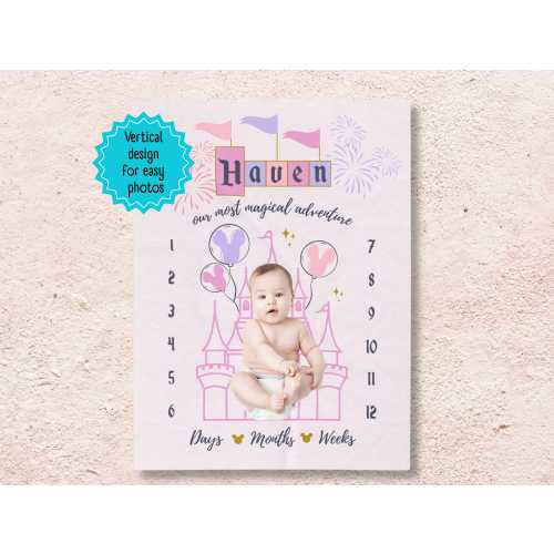 Magical Adventures Disney Inspired Baby Girl Personalized Milestone Blanket | Custom Vintage Disneyland Castle Banner | Vertical Design