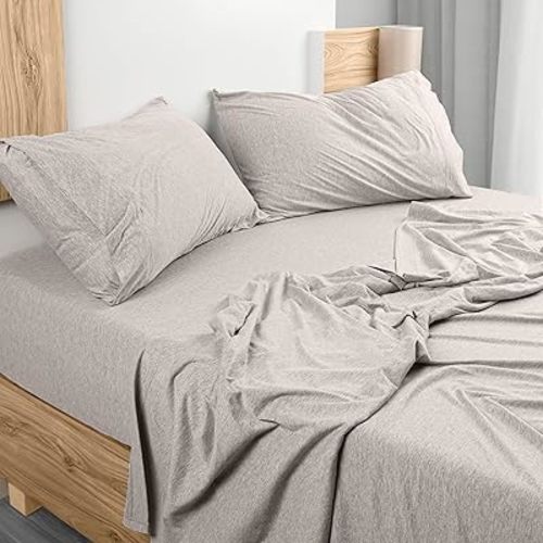 Jersey Knit Sheets 4 Piece, Cotton T-Shirt Feel, Queen, Oatmeal