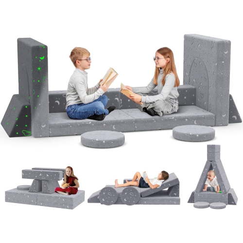 ZENPETIO Modular Kids Play Couch Sofa,12pcs Toddler Convertible Play Couch with Blanket,Glow in the Dark, for Girls and Boys,Gray