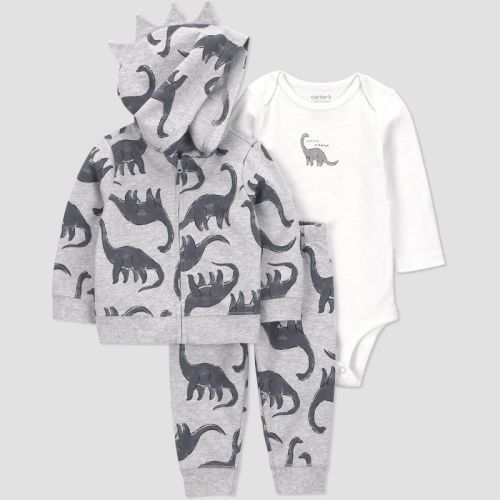 Carter's Just One You® Baby Boys' 3pc Dino Hooded Zip-Up Sweatshirt with Bodysuit and Jogger Pants Set - Gray