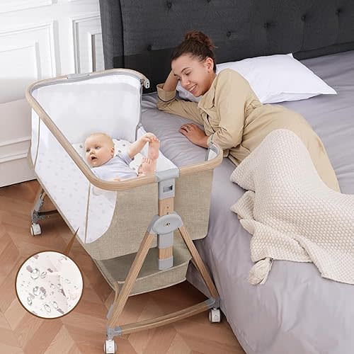 Baby Bassinet, Basinet Bedside Sleeper with Waterproof Bassinet Sheets and Soft Mattress, Safe Adjustable Height Bedside Bassinets with Wheels, Girl/Boy Bassinets, Jestonten (Khaki)