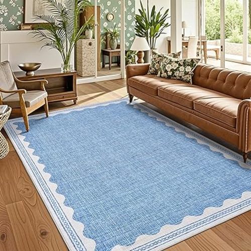 5x7 Rug for Living Room, Scalloped 5 X 7 Area Rugs Washable Non-Slip Solid Blue Modern Minimalism Low-Pile Carpet for Bedroom Dining Nursery Mat with Rubber Back