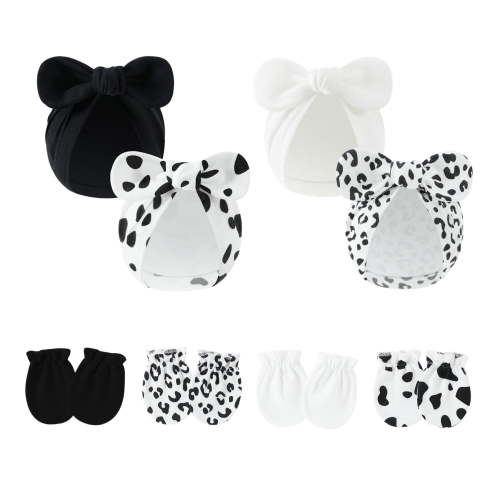 4PCS Newborn Baby Hospital Hats Beanie Bow Infant Caps Cotton Preemie Hats No Scratch Mittens Set for 0-1 Years Old