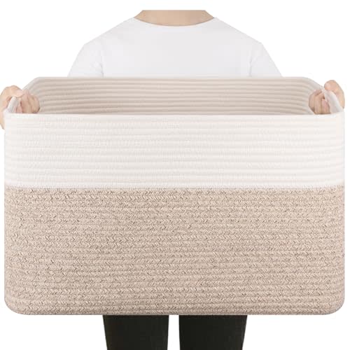 SIXDOVE 75L Large Blanket Basket, Toy Basket Bin for Kids, Cotton Rope Woven Storage Basket for Living Room, Nursery, Baby Room Decorative Organizer, 22''×17''×12'', Brown and White