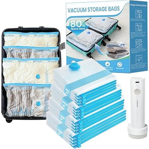 ANBIUX Vacuum Bags for Travel with Rechargeable air Pump, 16 Pack Carry-on Size Compression Packing Bags for Luggage and Suitcase, Space Saver for Clothes and Clothing Travel 16 PACK+PUMP