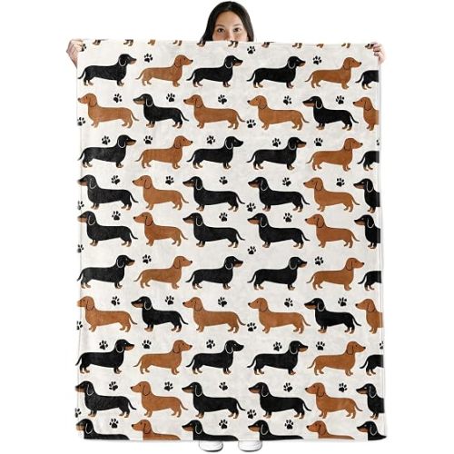Dachshund Gifts, Cute Black and Brown Sausage Dog Theme Flannel Blanket for Women, Pet Birthday Throw Blankets for Kids, Girls, Travel Camping Sofa Living Room Decor 50x60 in