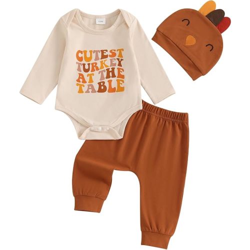 Lamuusaa Newborn Baby Thanksgiving Outfit Long Sleeve My 1st Thanksgiving Romper Long Pants Hat 3Pcs Clothes Set 0-18M
