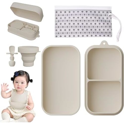 Travel Silicone Baby Feeding Set Portable Toddler Feeding Supplies Toddler Plates and Bowls Set Baby plates with Suction With spoon and cup, bib and waterproof storage bag