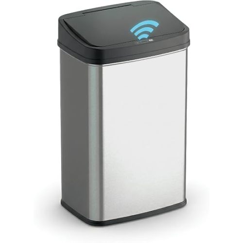 Ninestars 13 Gallon Automatic Trash Can, 50L Touchless Motion Sensor Garbage Can with Odor-Sealing Lid, Rectangular Stainless Steel, Black Trim