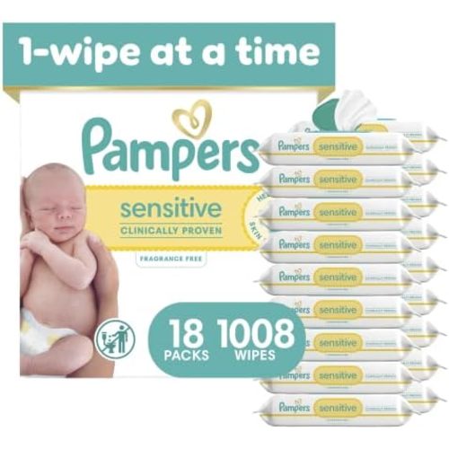 Pampers Sensitive Baby Wipes, Unscented, Fragrance Free, Clinically Proven, Water Based, Hypoallergenic, Multi-Use, Hand Wipes, 1008 Wipes Total (18X Flip-Top Packs)