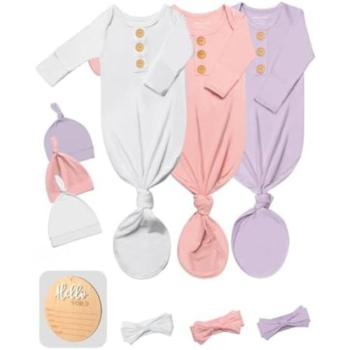 3 PK Baby Knotted Gowns Set with Mittens, Hats, Headbands & Wooden Name Tag for Breathable Newborns Going Home Outfit
