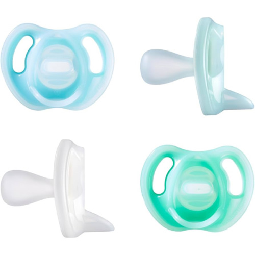 Tommee Tippee Ultra-Light Silicone Pacifier, 0-6 Months, Symmetrical One-Piece Design, BPA-Free Silicone Binkies, Blue/Green/Clear, Pack of 4