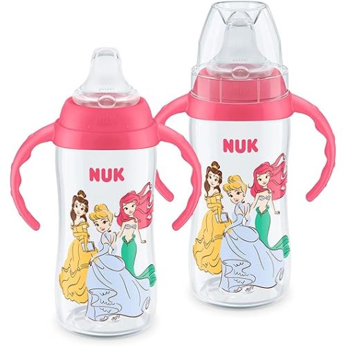 NUK First Choice Disney Princess Large Learner Cup 2.0, 10 oz. Sippy Cup with Handles, Spill Proof, Leak Proof Soft Straw Cup, 2 pack