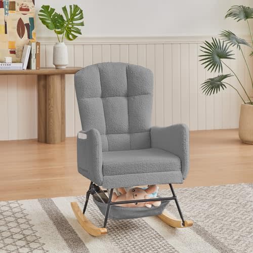 Nursery Rocking Chair,Upholstered Glider Rocker with High Backrest for Living Rooms, Bedrooms, Offices (22Grey)
